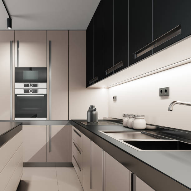 istock Black and Pink Modern minimalist kitchen with long island with stools. Dark materials. 1817579985