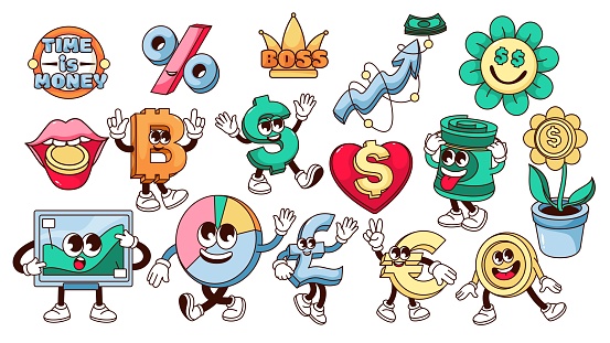 Groovy money stickers set vector illustration. Cartoon isolated funny retro collection of currency and gold coin personage, money tree and heart with dollar, comic pie chart character and arrow growth