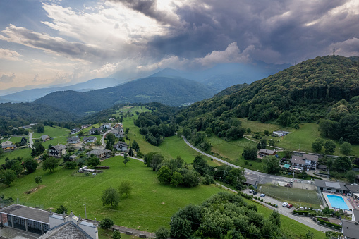 Aerial Scenic view from Val di Chy or Valchiusella, view of the Morainic Amphitheatre geological formation high res panorama