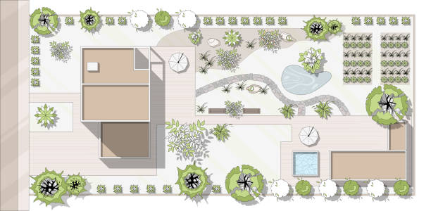 istock Top view landscape design plan with house, courtyard, lawn, garage. Highly detailed plan of country with modern cottage of villa with pond, pool. Vector illustration of Cityscape, Map of town, village 1817581679