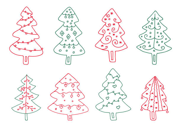 праздничные елки, нарисованные своими руками с украшениями. векторный набор иллюстраций в стиле doodle. подходит для поздравительных открыто� - pine tree brush stroke winter snow stock illustrations