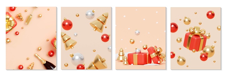 Merry Christmas and Happy New Year. Xmas Background set. Christmas poster, holiday banner layout. 3d render.