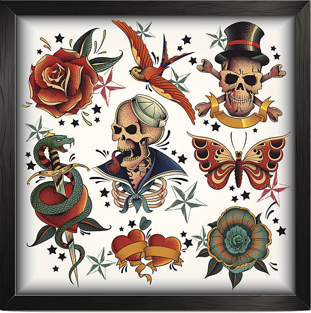 old school tatuaże - skull tattoo vector flower stock illustrations