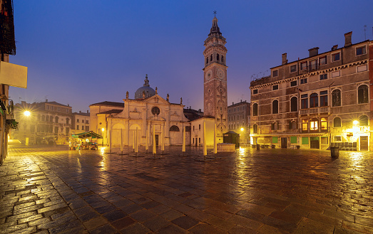 Old Piazza Santi Giovanni e Paolo in the blue hour before dawn. Venice. Italy.