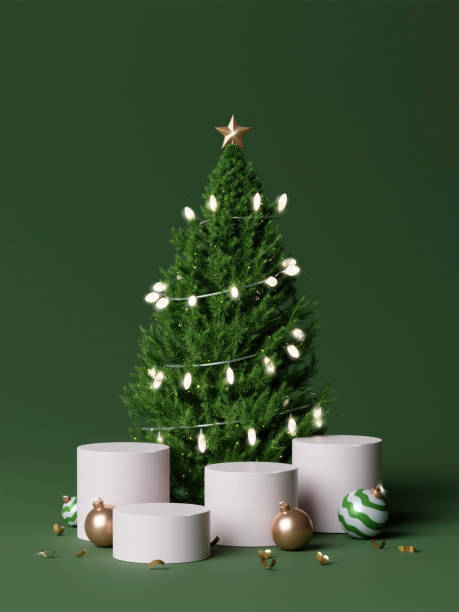 istock 3d Christmas tree podium. Realistic 3d design stage podium. Decorative festive elements glass bauble balls. Xmas holiday template podium. 1817662025