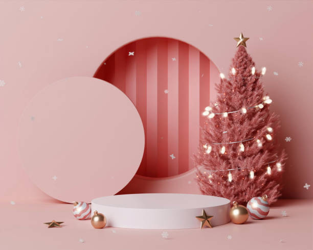 istock 3d Christmas tree podium. Realistic 3d design stage podium. Decorative festive elements glass bauble balls. Xmas holiday template podium. 1817663063
