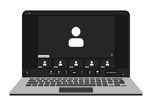 Videocall interface, video call screen icons and UI template for laptop, vector overlay. Video conference or videocall online chat mockup for laptop application with call buttons.