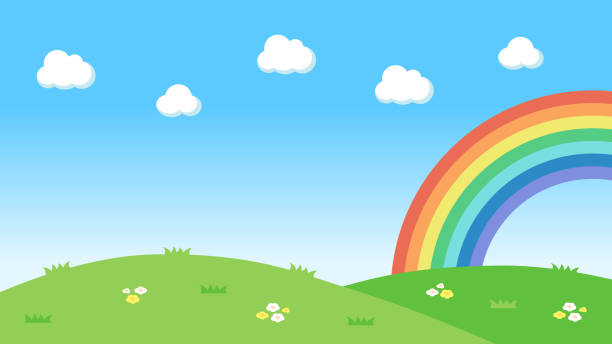 Landscape wallpaper background with grassland hills and rainbow in the blue sky Illustration wallpaper background of a landscape with grassland hills and a rainbow in the blue sky hill cartoons stock illustrations