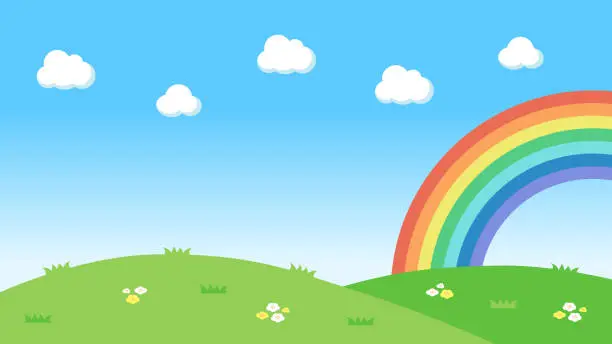 Vector illustration of Landscape wallpaper background with grassland hills and rainbow in the blue sky