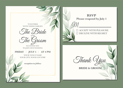 Manual painted of aesthetic watercolor leaves as wedding invitation