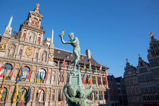 Antwerp - Town hall and Brabo fountain in morning light
