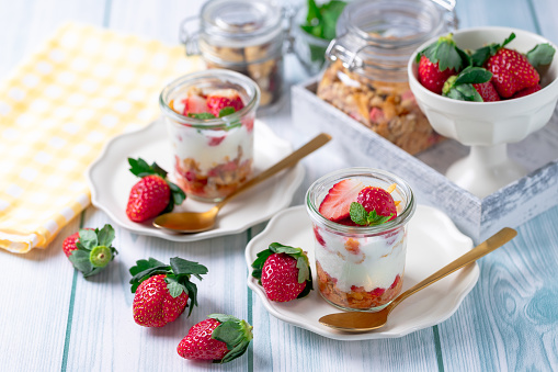 Strawberry, granola and yogurt healthy breakfast parfait