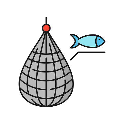 Fishing industry trawler net and fish line icon. Aquaculture catch technology, seafood production or fishing industry equipment, fisher boat or ship net full of fish thin line vector icon or pictogram