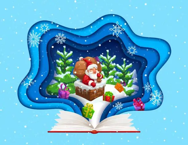 Vector illustration of Christmas paper cut greeting card, fairytale book