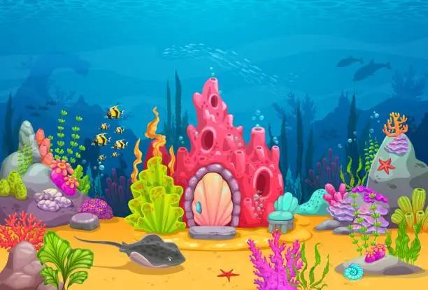 Vector illustration of Cartoon underwater landscape fairytale coral house