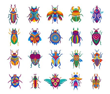 Cartoon beetles. Funny bugs with colorful ornaments on wings and back. Fantasy animals, alien planet insects or bugs, fairytale isolated vector beetles with vibrant, mexican or african patterns