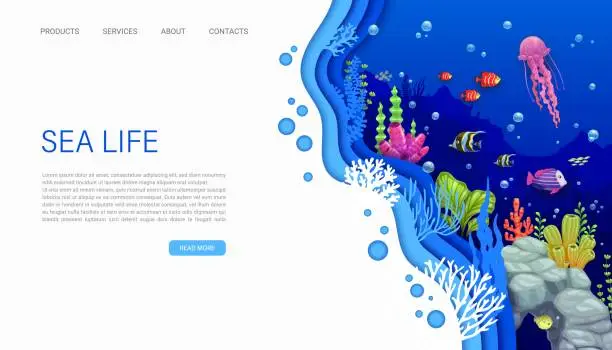 Vector illustration of Landing page, underwater paper cut, sea landscape