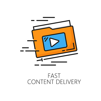 Fast content delivery. CDN. Content delivery network icon, web media file administration and publishing system symbol, website CDN technology thin line vector sign or icon with media file folder