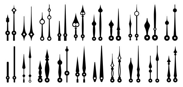 Isolated clock hands, time pointers, watch arrows Isolated clock hands, time pointers, watch arrows. Vector monochrome elements set, essential components of analog clock in various shapes and sizes. Hour and minute hand pairs for accurate timekeeping arm span stock illustrations
