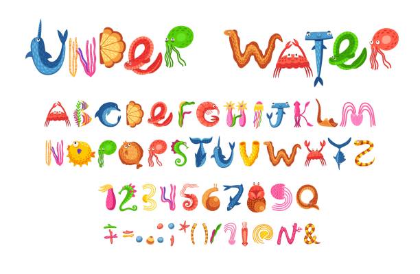 24277dk COMICs BUBBLE FONT or type, ballon typeface, fat alphabet 1 ÐÑзнеÑова Sea animals font, ocean underwater type or aquatic typeface with marine alphabet, vector cartoon letters. Funny fish, octopus and dolphin or starfish and whale in kids undersea font or aquatic type color by number jelly fish stock illustrations