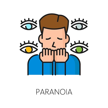 Paranoia psychological disorder problem, mental health icon. Vector linear sign represents constant fear and suspicion. Scared anxious person and wide eyes around, symbolizing state of extreme anxiety