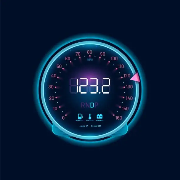 Vector illustration of Car speedometer neon dial, speed gauge dashboard