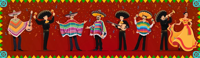 Cartoon Mexican characters on holiday carnival, mariachi musicians, cowboys and woman dancer, vector personages. Mexican characters in traditional clothes, sombrero and poncho with guitars and maracas