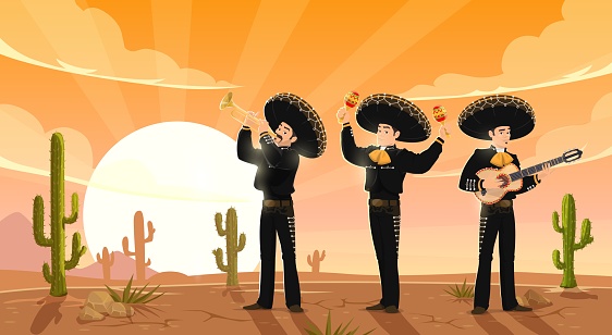 Sunset landscape, three Mexican mariachi musicians in desert of Mexico, vector background. Mexican music band men in sombreros with guitar, maracas and trumpet playing mariachi music of Mexican fiesta