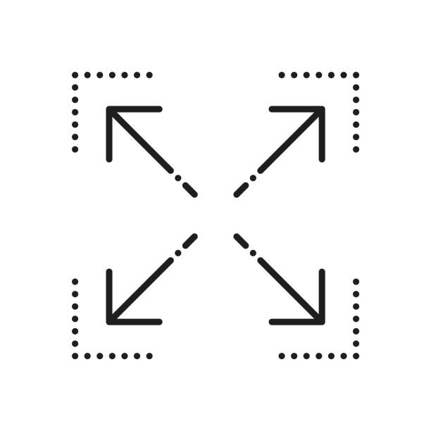 Resize and scale reduce expand zoom symbol outline Resize and scale reduce expand zoom symbol outline icon. Vector compact size, change scale picture, full screen sign, size change and compression compact mirror stock illustrations