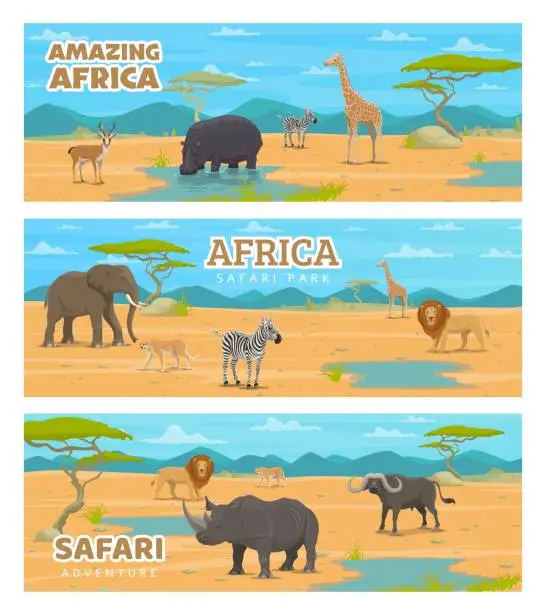 Vector illustration of Safari park or hunting sport, African animals