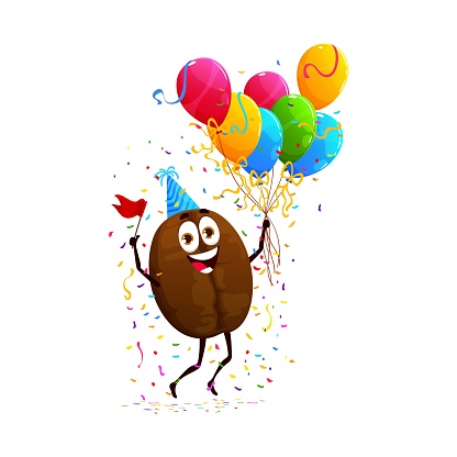 Cartoon coffee bean character on holiday and birthday with colorful balloons and festive flag, bringing joy to party with its playful and whimsical presence. Isolated vector cheerful arabica seed