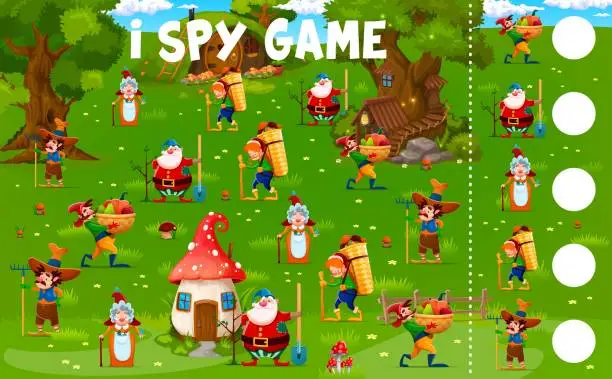 Vector illustration of I spy game worksheet with cartoon fairytale gnomes