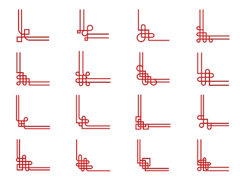 Red oriental chinese knot corners. Asian chinese, japanese, korean frame borders. Chinese line ornament vector corners set with geometric elements and square loops, endless knot pattern frame borders