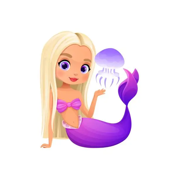 Vector illustration of Cartoon mermaid character, cute girl fish princess