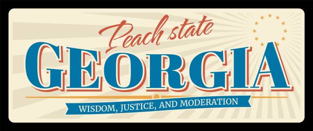 Peach state Georgia vintage travel plate, signs for travel destination. Retro board with wisdom, justice, moderation lettering, antique signboard with typography, touristic landmark plaque