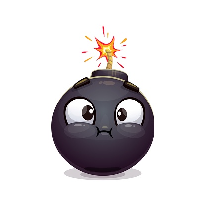 Cartoon bomb character. Explosive, weapon personage. Isolated vector funny tnt sphere with big eyes, puffed cheeks and burning fuse, ready to explode with excitement or mischief