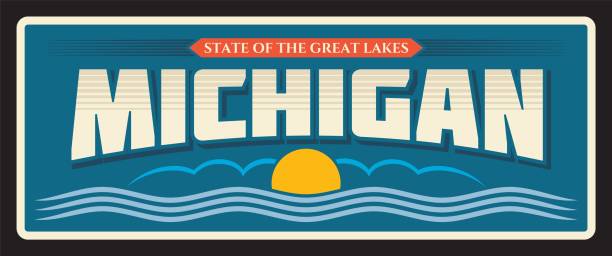 Michigan state of great lakes travel plate, USA banner or vintage tin plaque. Vintage sign and postcard of region of upper Midwestern United States, capital is Lansing, retro postcard