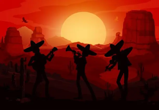 Vector illustration of Mexican mariachi musicians silhouettes in desert