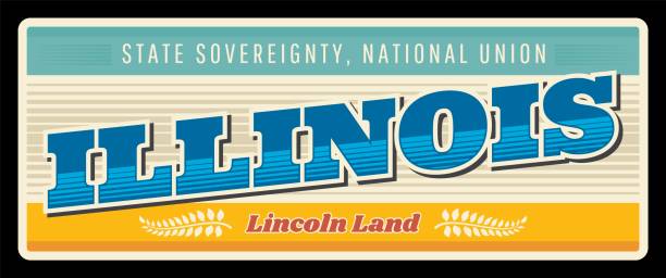 Illinois United States retro travel plate Illinois United States retro travel plate, Lincoln state of sovereignty, national union. Vintage vector banner, signs for tourist destination. Antique signboard with typography plaque of Springfield springfield new jersey stock illustrations