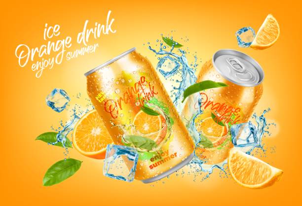 ilustraciones, imágenes clip art, dibujos animados e iconos de stock de lata de bebida de naranja fría, rodajas de naranja, salpicadura de agua - water flowing water pouring ice