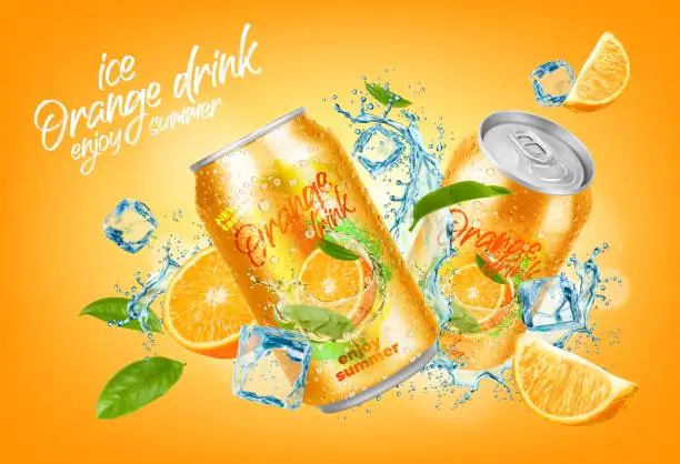 Vector illustration of Cool orange drink can, orange slices, water splash