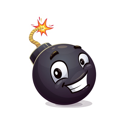 Cartoon bomb character. Explosive, weapon personage with an infectious wide smile, and burning fuse, ready to create explosive fun and excitement. Isolated vector adorable tnt ball with a wick