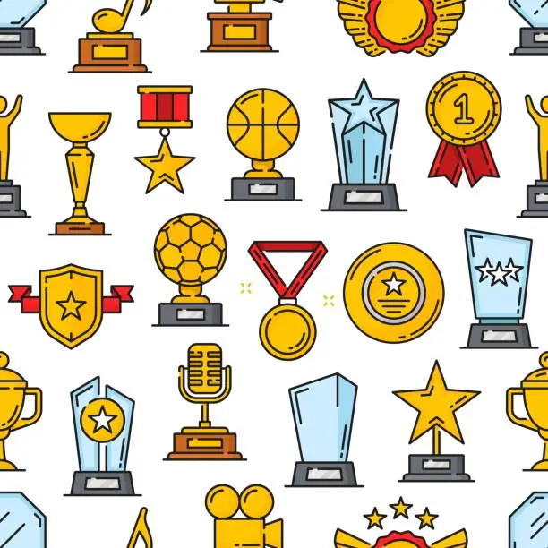 Vector illustration of Award trophy, success gold prize seamless pattern