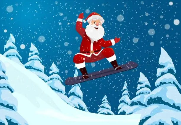 Vector illustration of Christmas Santa character glides on snowboard