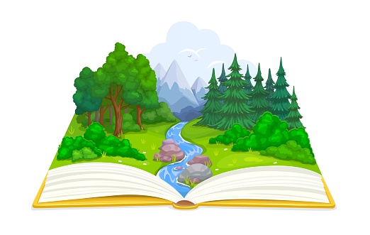 Opened book with forest and river, meadow and blue mountains. Vector nature landscape of cartoon green trees, plants and grass, water streams and rocks on pages of adventure storybook, reading themes