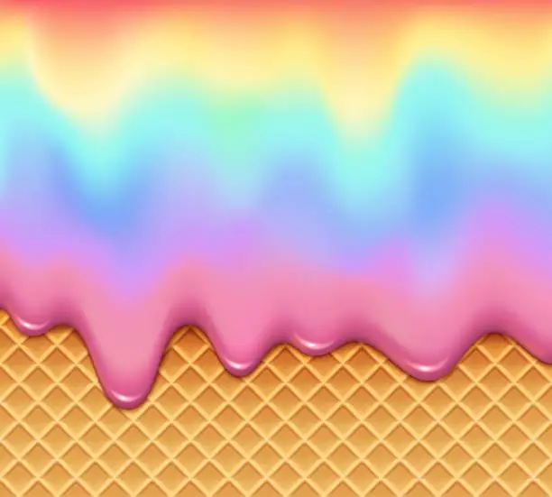 Vector illustration of Realistic melting rainbow ice cream on wafer cone