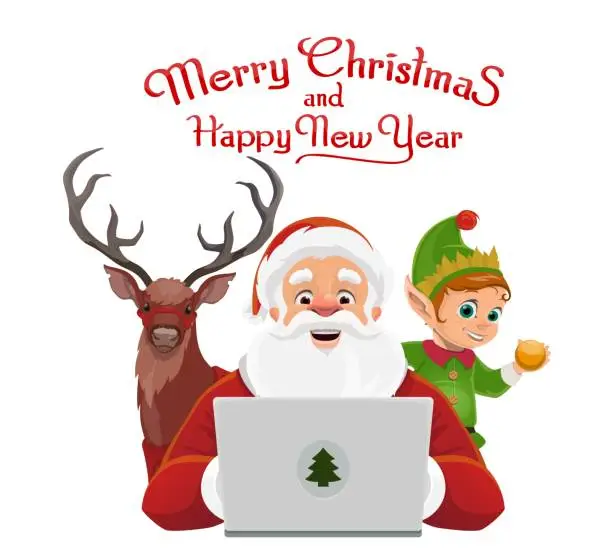 Vector illustration of Cartoon Christmas Santa with laptop, deer and elf