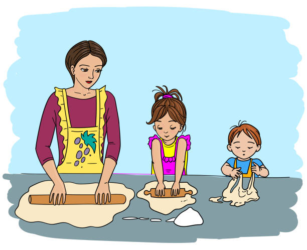 Mother with daughter and son kneading dough Mother with daughter and son kneading dough, illustration rolling dough stock illustrations