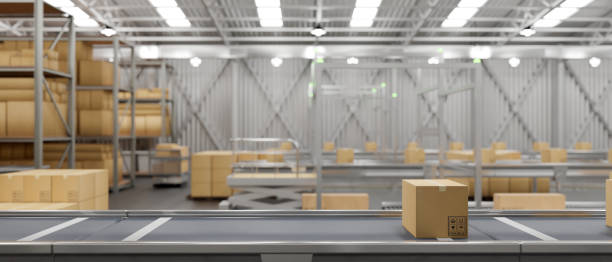 istock Warehouse with cardboard boxes on a conveyor and shelves of parcel. freight transportation industry. 1817821952