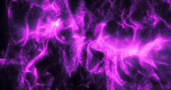 Abstract purple waves and smoke from particles of energy magical bright glowing liquid, background.